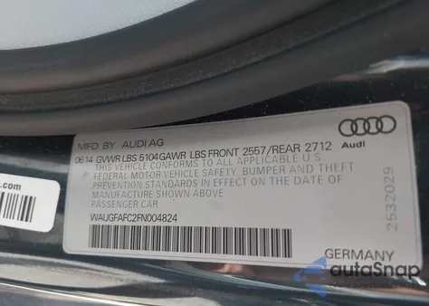 2015 Audi A6 2.0T Premium from USA, damaged, VIN WAUGFAFC2FN004824